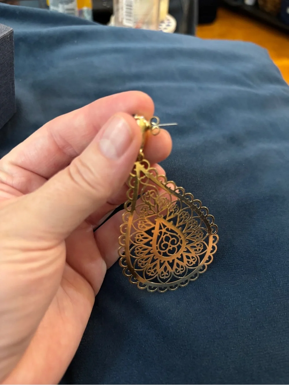 Gold Filigree Teardrop Earrings with Purple Gemstone
